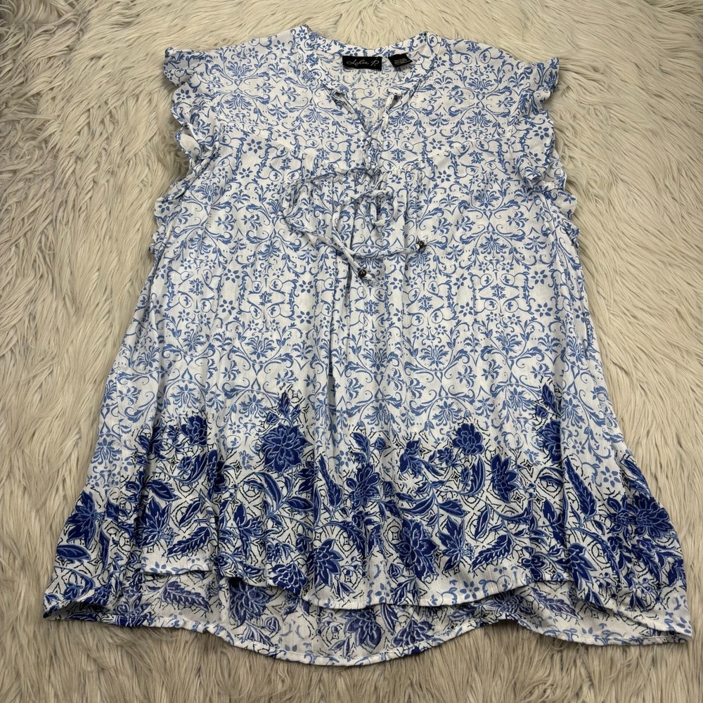 Lola P Women's L White Blue Floral Shift Tunic Dress Boho Coastal Cowgirl Resort